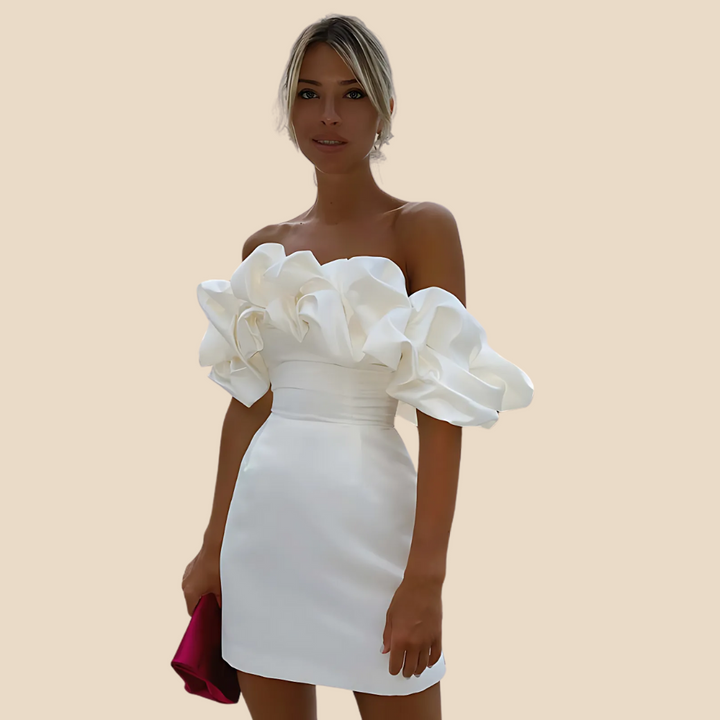 Yashna | Satijnen Cocktailjurk | Off-Shoulder Ruches | Voor Bruiloften, Feestjes Of Galanachten