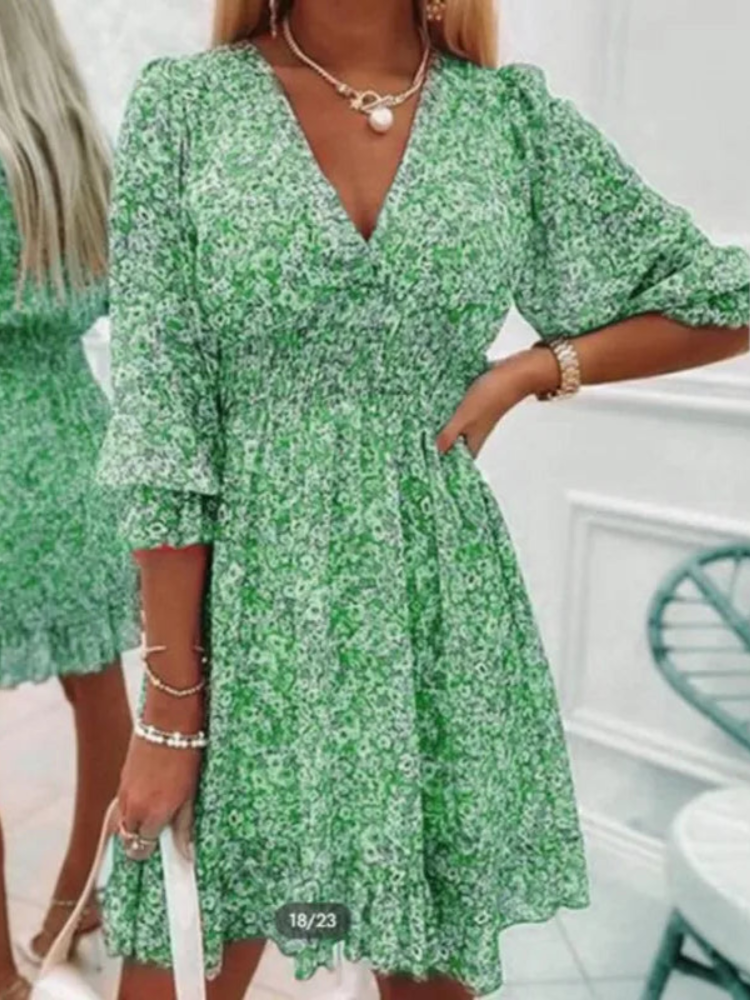 Elsa | Zomerse Dames Jurk | Bloemenprint | V-Hals | Luchtige Bubbelmouwen