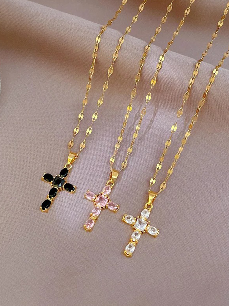Zoella | Prachtige Zirkonia Kruisketting | In Goud Met Wit, Roze En Zwart