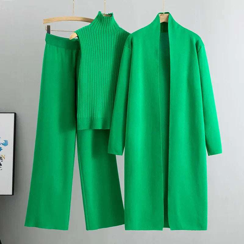 Rianna | Zachte Driedelige Dames Set | Flared Broek, Col Top en Lang Vest