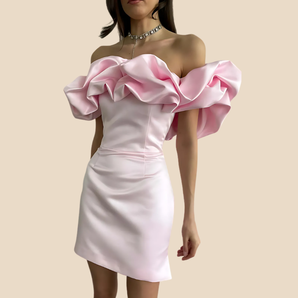 Yashna | Satijnen Cocktailjurk | Off-Shoulder Ruches | Voor Bruiloften, Feestjes Of Galanachten