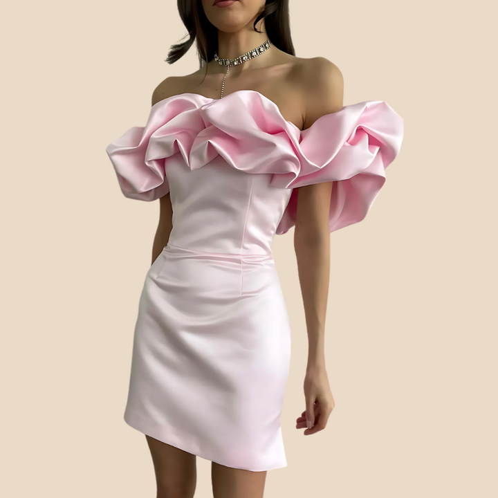Yashna | Satijnen Cocktailjurk | Off-Shoulder Ruches | Voor Bruiloften, Feestjes Of Galanachten