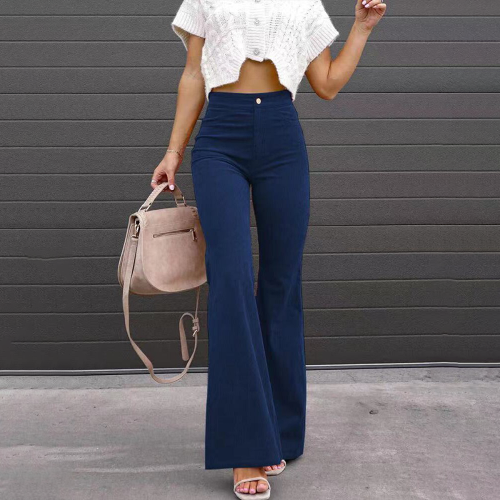Liah | Trendy Dames Broek | Flared Ribbroek | Hoog Getailleerd En Comfortabel