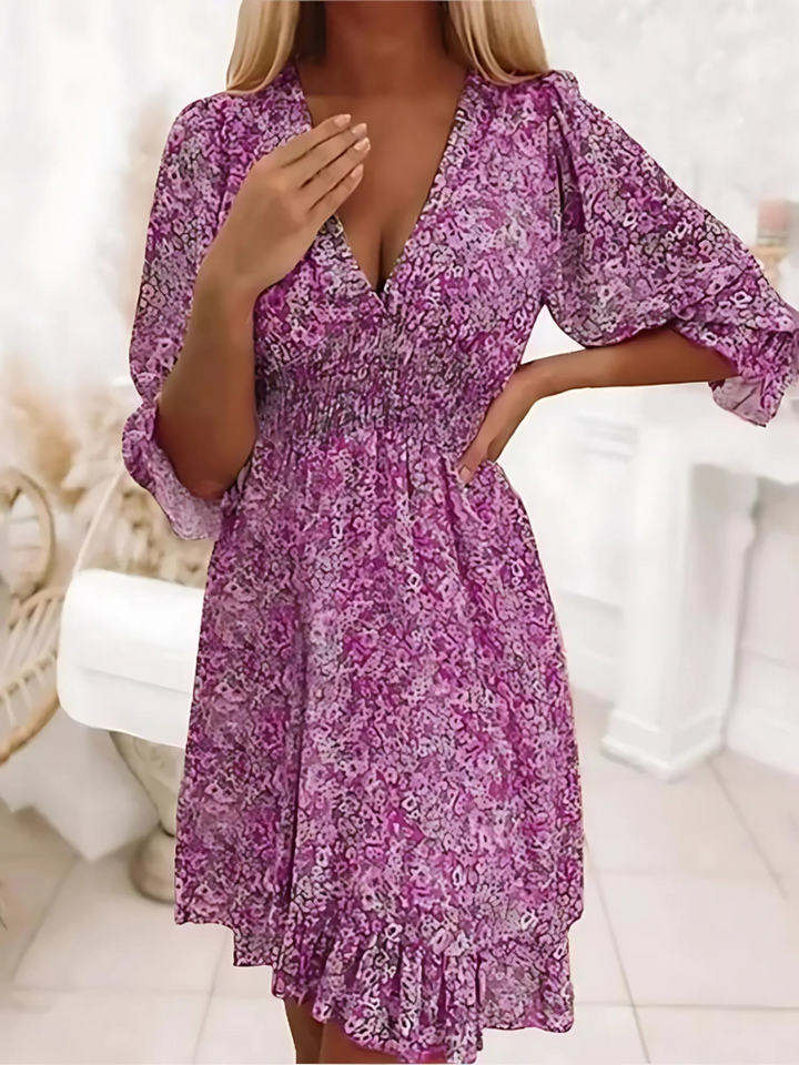 Elsa | Zomerse Dames Jurk | Bloemenprint | V-Hals | Luchtige Bubbelmouwen