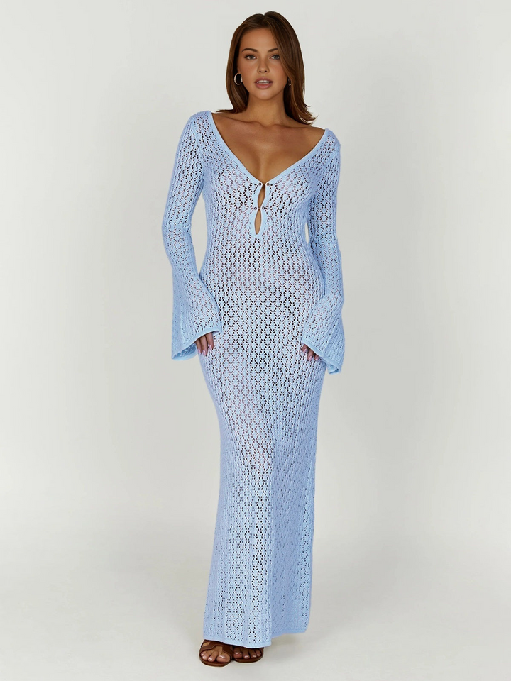 Donna | Elegante Lange Dames Jurk Met Open Rug En Lange Mouwen