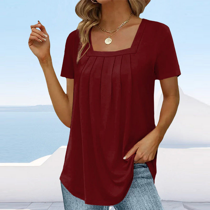 Fiona | Elegante Dames Jurk | Zomerblouse Met Vierkante Hals En Plooidetails