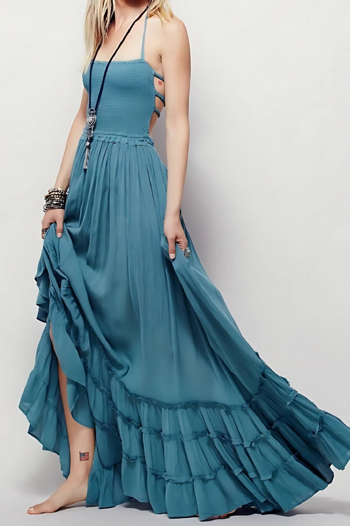 Pamela | Dames Zomerse Halter Maxi Jurk met Open Rug voor Vrouwen