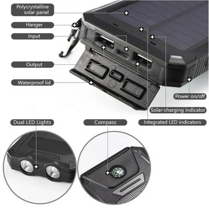 Hexton | Waterdichte Zonne-Energie Powerbank | Twee USB-Poorten