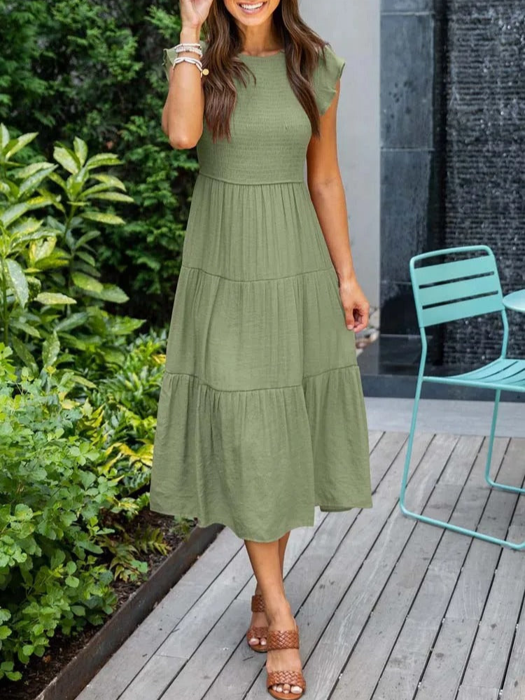 Kate | Dames Zomerse Midi Jurk | Elegante Vrouwen Jurk met Korte Mouwen