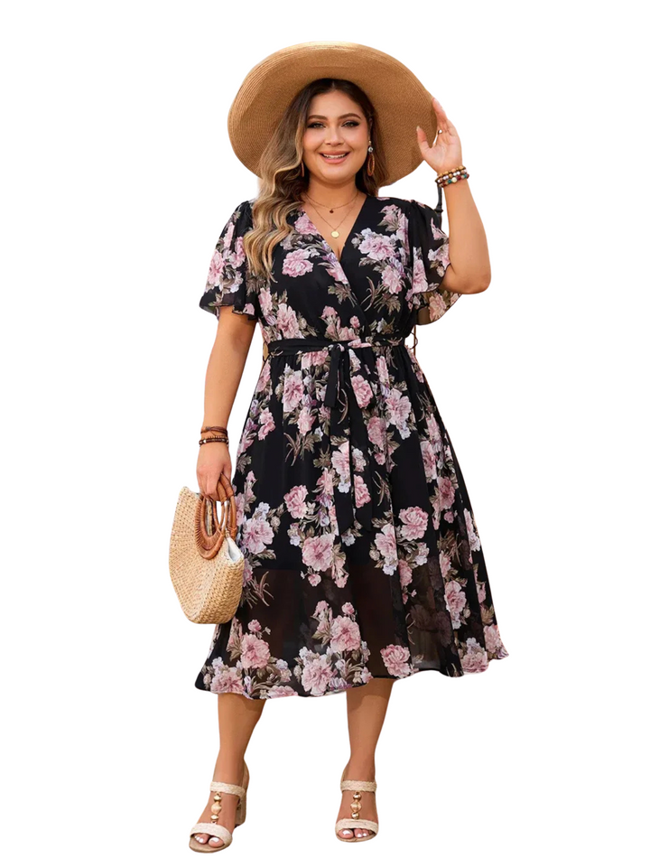 Dewi | Plus Size Boho Dames Bloemenjurk Met Vlindermouwen En Riem