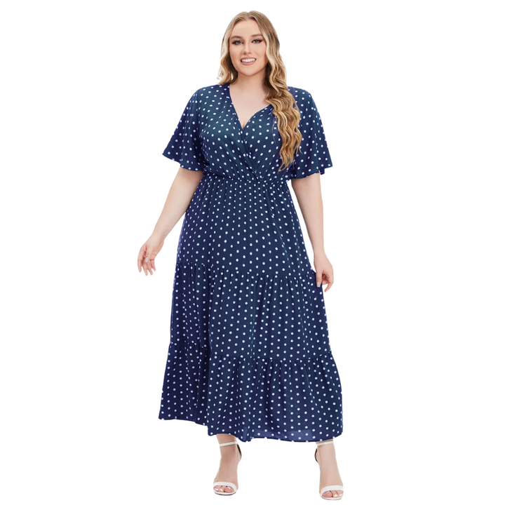 Dewi | Plus Size Boho Dames Maxi Jurk Met Stippen En V-Hals