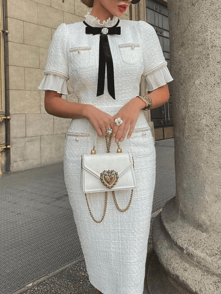 Ares | Elegante Dames Midi - Jurk | Klassieke Parel Strik Jurk - Sorata