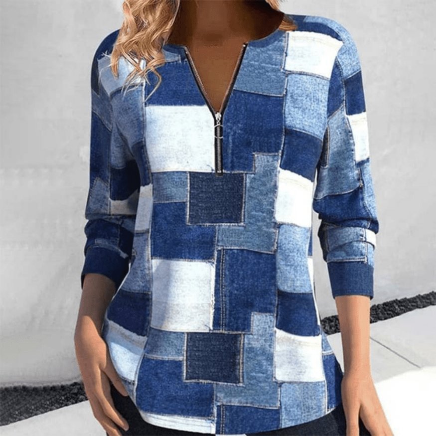 Ashley | Blauwe Trendy Geometrische Lange Mouw Dames Top | Comfortabel & Casual - Sorata