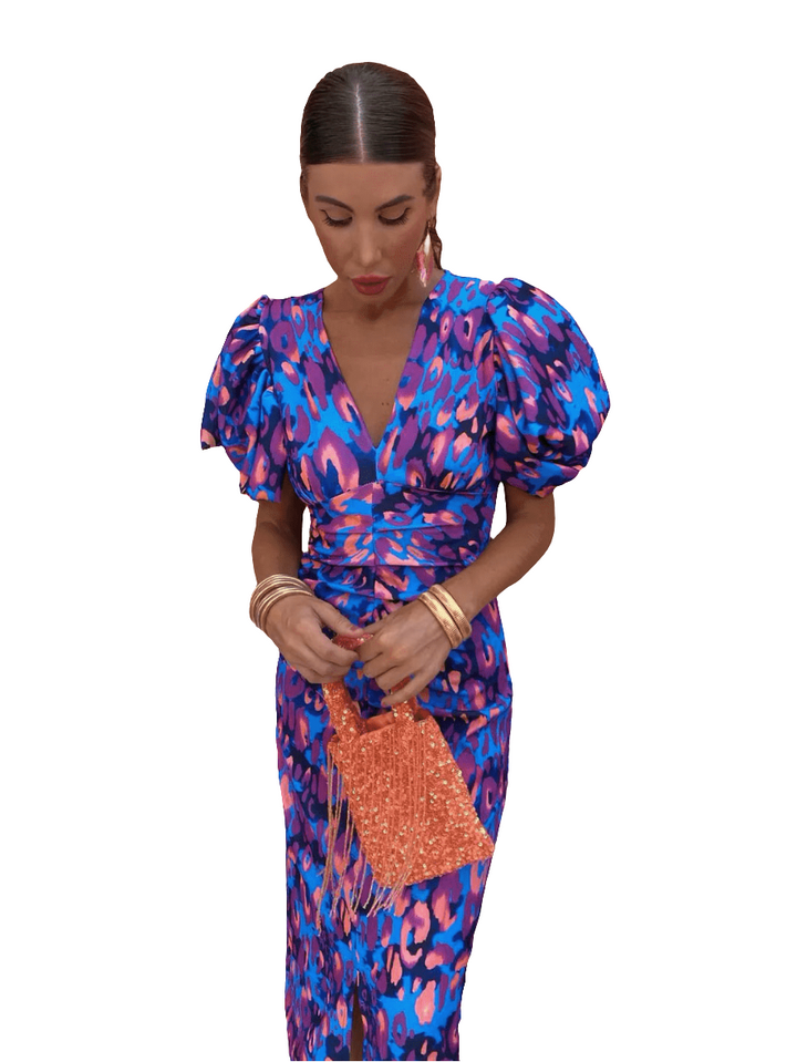 Bini | Gekleurde Jurk Met Geplooide Mouwen | Dames Midi Jurk