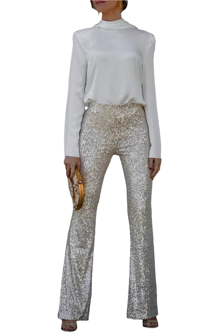 Noa | Sprankelende Flared Dames Broek | Feestelijke Pailletten En Glitter Broek