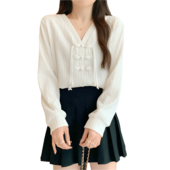 Nina White - Dames Top - Patchwork Katoenen Top met V-Hals - Zacht & Elegant