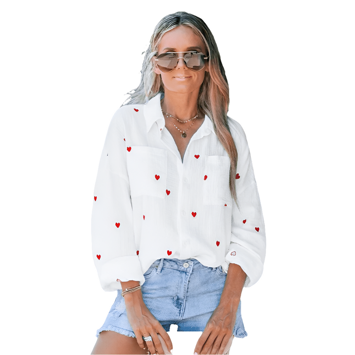 Romy - Witte Blouse Dames - Lange Mouwen Blouse met Hartjesprint - Casual Outfit