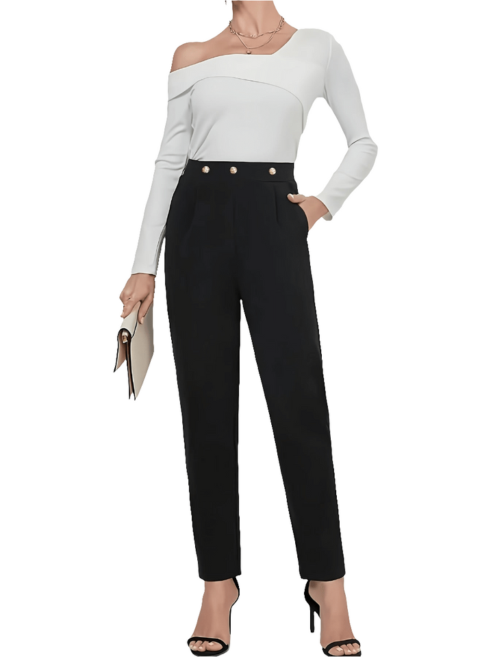 Urva | Zwarte Formele Dames Broek Met Knoopsluiting En Hoge Taille