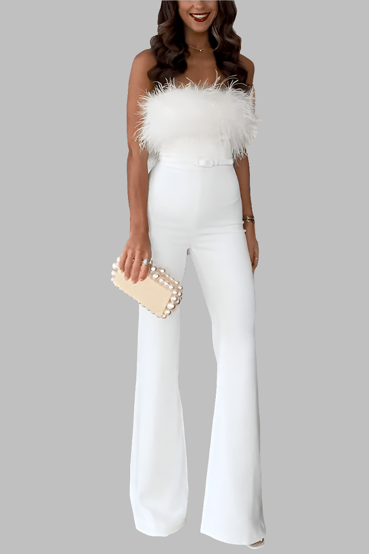 Eveline | Witte Strapless Dames Jumpsuit Met Flared Pijpen
