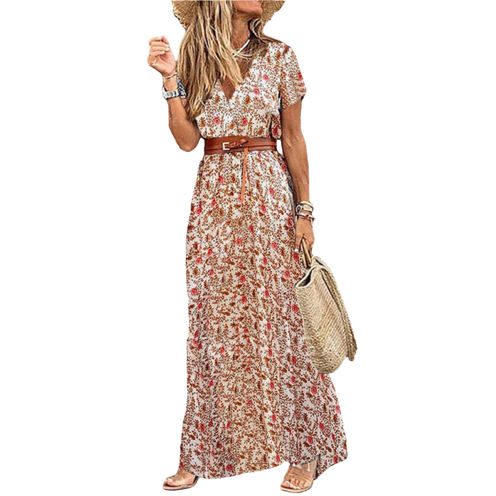 Isha | Zomer Boho Maxi Jurk | Met V-Hals | Korte Mouwen