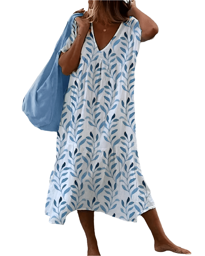 Elsa | Midi-Jurk Met Boho-Bladprint En Vloeiende Snit | Dames Jurk