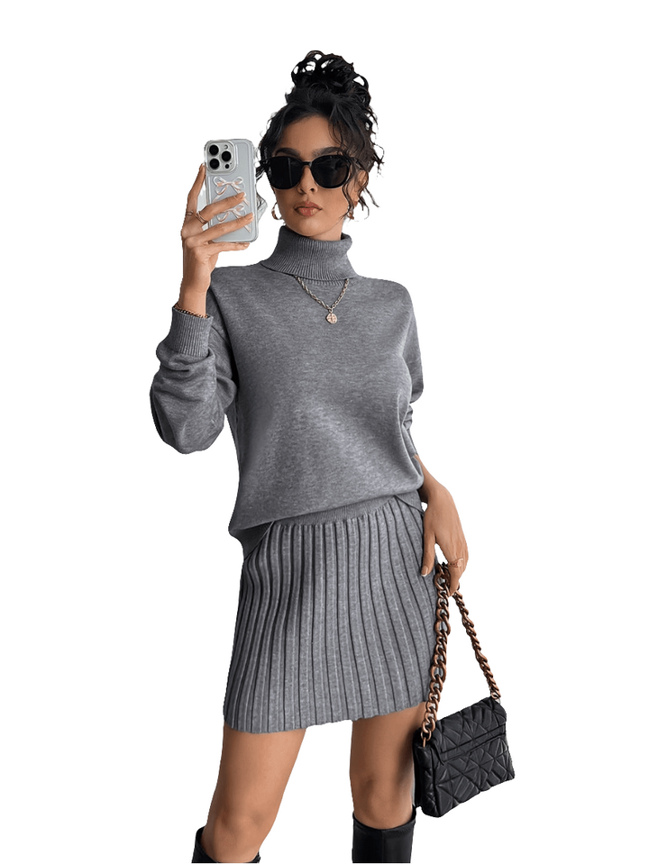 Selina | Elegante Tweedelige Gebreide Grijze Dames Set | Hoogkraag Hoodie en Halve Rok