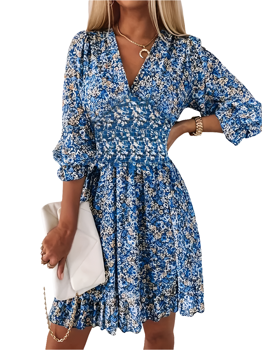 Elsa | Zomerse Dames Jurk | Bloemenprint | V-Hals | Luchtige Bubbelmouwen