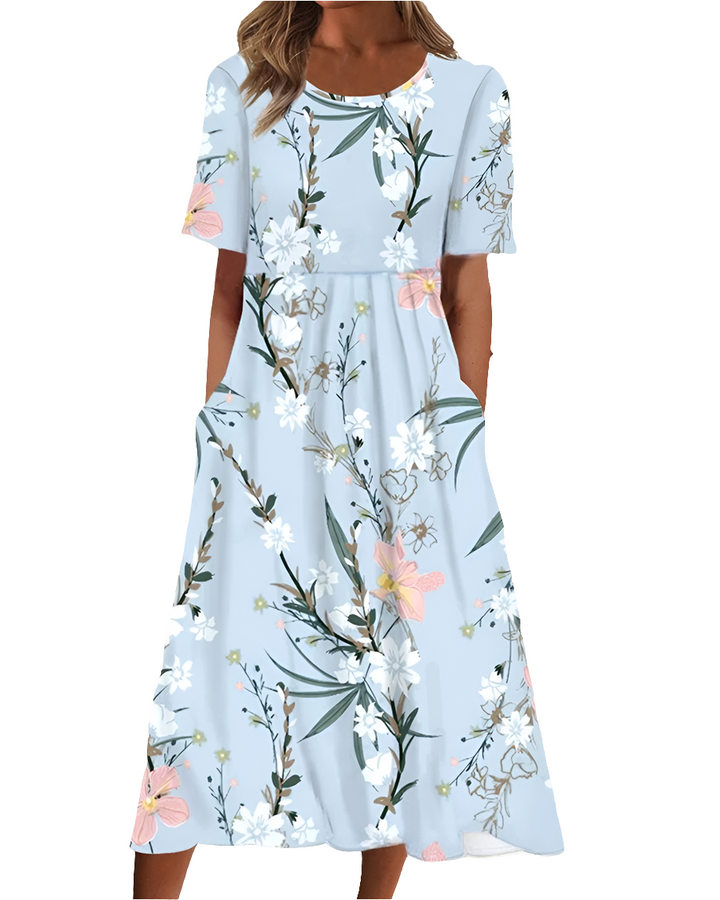 Lea | Zomerse Dames Midi Jurk | Bedrukte Jurk Met Korte Mouwen