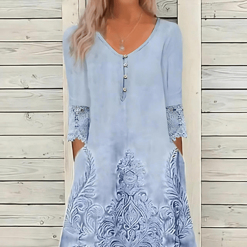 Cita - Blauw Jurk Dames - Met Kant Patchwork - Elegant & Trendy - Sorata
