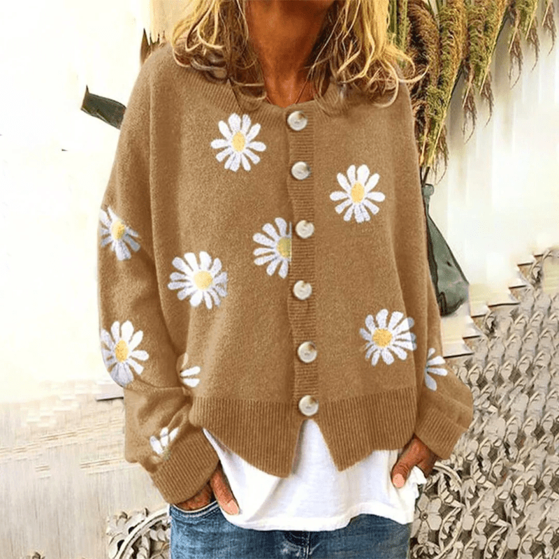 Dana | Warm Gebreide Dames Vest met Knopen | Cardigan met Bloemenprint - Sorata