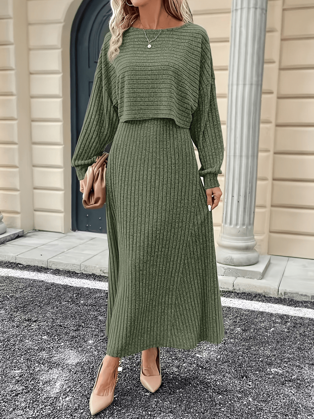Eline | Elegante Twee Delige Groene Gebreide Set | Comfortabele Top en Hoge Taille Rok - Sorata