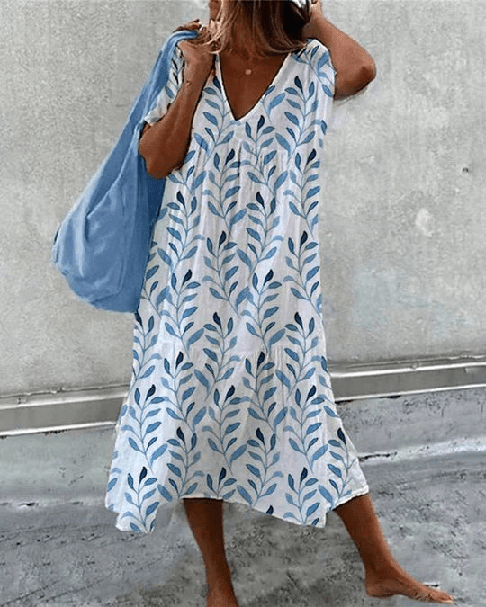 Elsa | Midi - Jurk Met Boho - Bladprint En Vloeiende Snit | Dames Jurk - Sorata