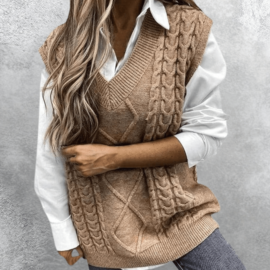 Elvi | Elegant Gebreide Vest | Bruine Dames Sweater | Mouwloze Trui Met V - Hals - Sorata