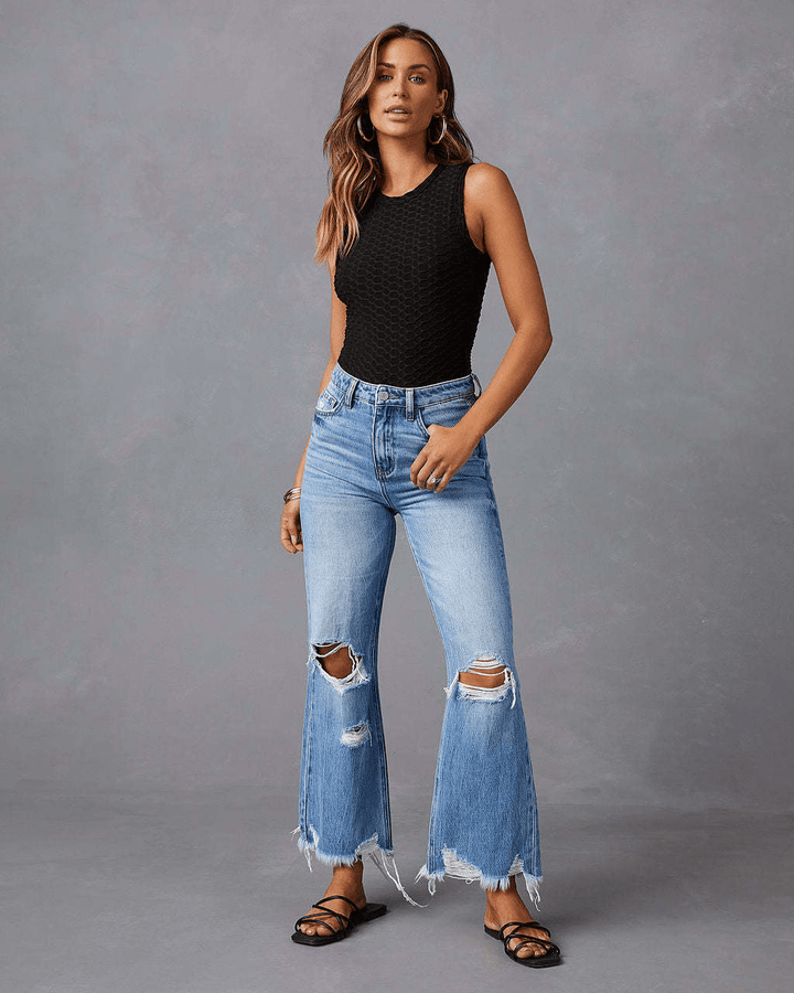 Hera | Modieuze Dames Broek | Gescheurde Jeans Met Hoge Taille En Wijde Pijpen - Sorata