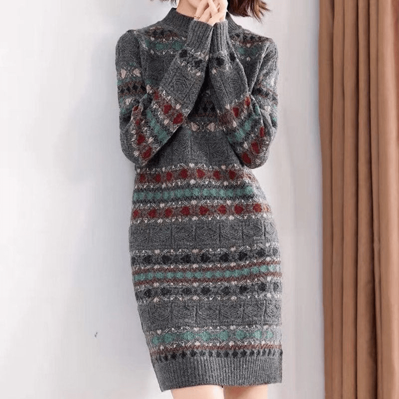 Jenny | Trendy Dames Jurk | Gebreide Jurk Met Etnisch Patroon - Sorata
