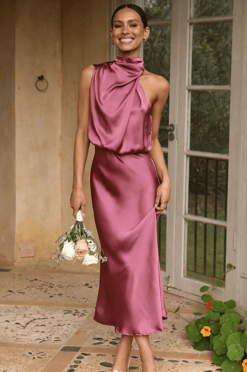 Lisanne | Dames Maxi Jurk met Elastische Taille en Satijnen Draperie bij de Hals - Sorata