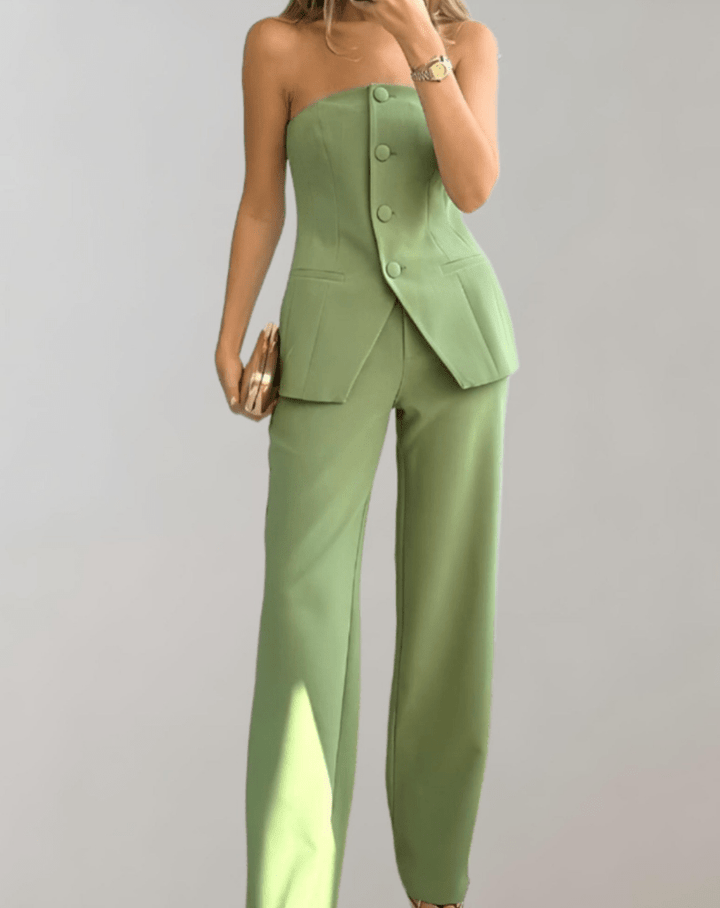 Mariette | Tweedelige Dames Set | Broek met Wijde Pijpen & Top met Knoopsluiting - Sorata