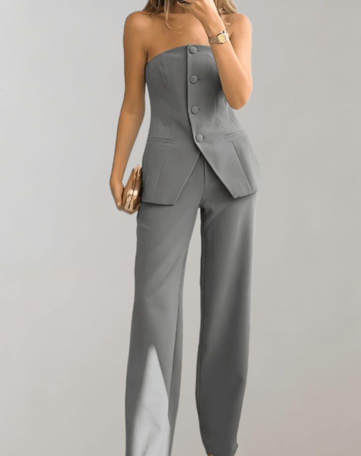 Mariette | Tweedelige Dames Set | Broek met Wijde Pijpen & Top met Knoopsluiting - Sorata