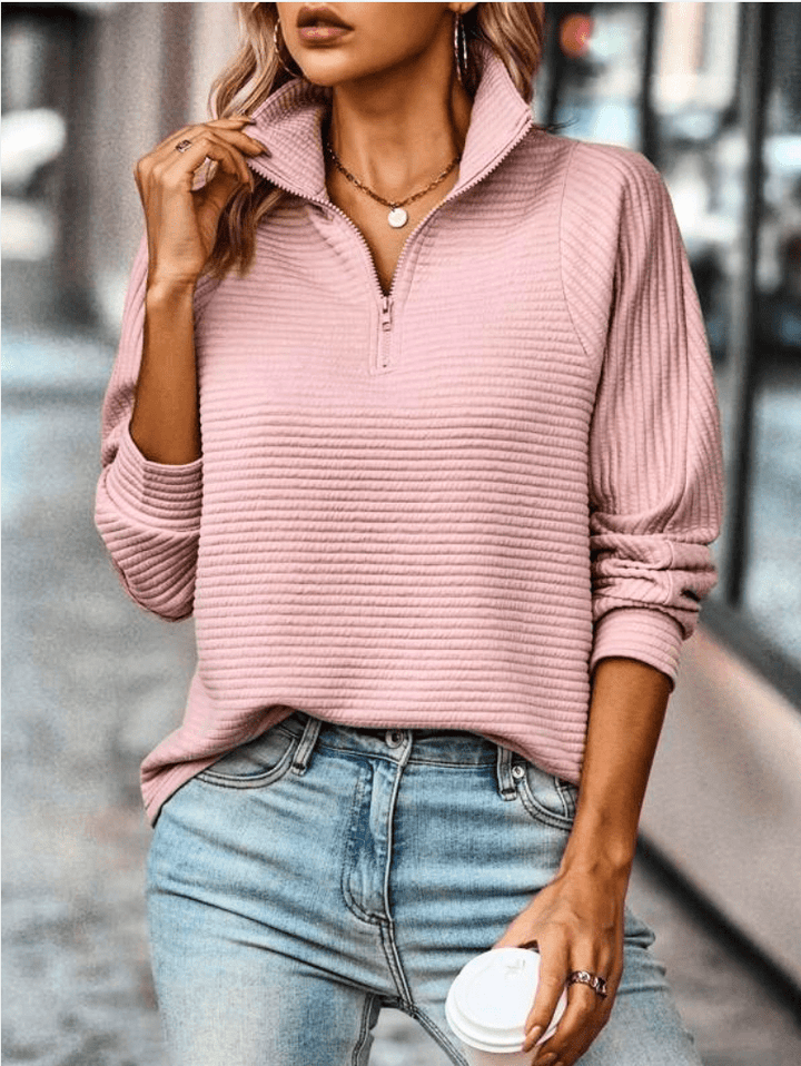 Mona | Warme Trui Dames | Casual V - Hals Trui met Rits en Kraag - Sorata