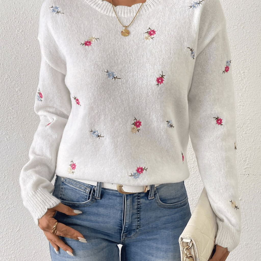 Nix | Trendy Dames Jumper | Geborduurde Bloemen Trui | Drop Shoulder Voor Comfort - Sorata