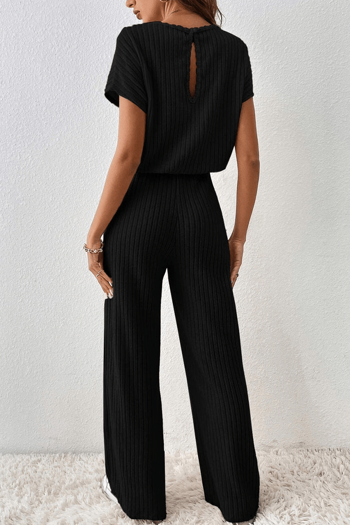 Noori | Zwarte Geribbelde Jumpsuit met Wijde Pijpen | Dames Set - Sorata