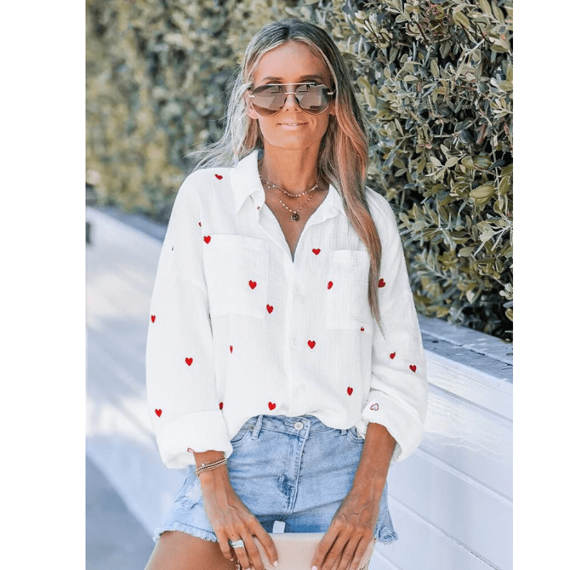 Romy - Witte Blouse Dames - Lange Mouwen Blouse met Hartjesprint - Casual Outfit - Sorata