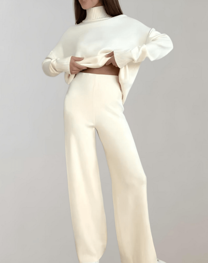 Rox | Dames Tweedelige Set | Gebreide Trui met Schildpadhals & Broek met Wijde Pijpen - Sorata