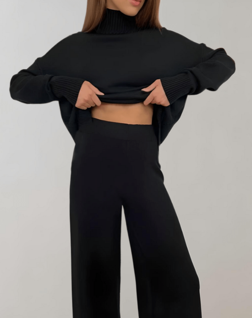 Rox | Dames Tweedelige Set | Gebreide Trui met Schildpadhals & Broek met Wijde Pijpen - Sorata