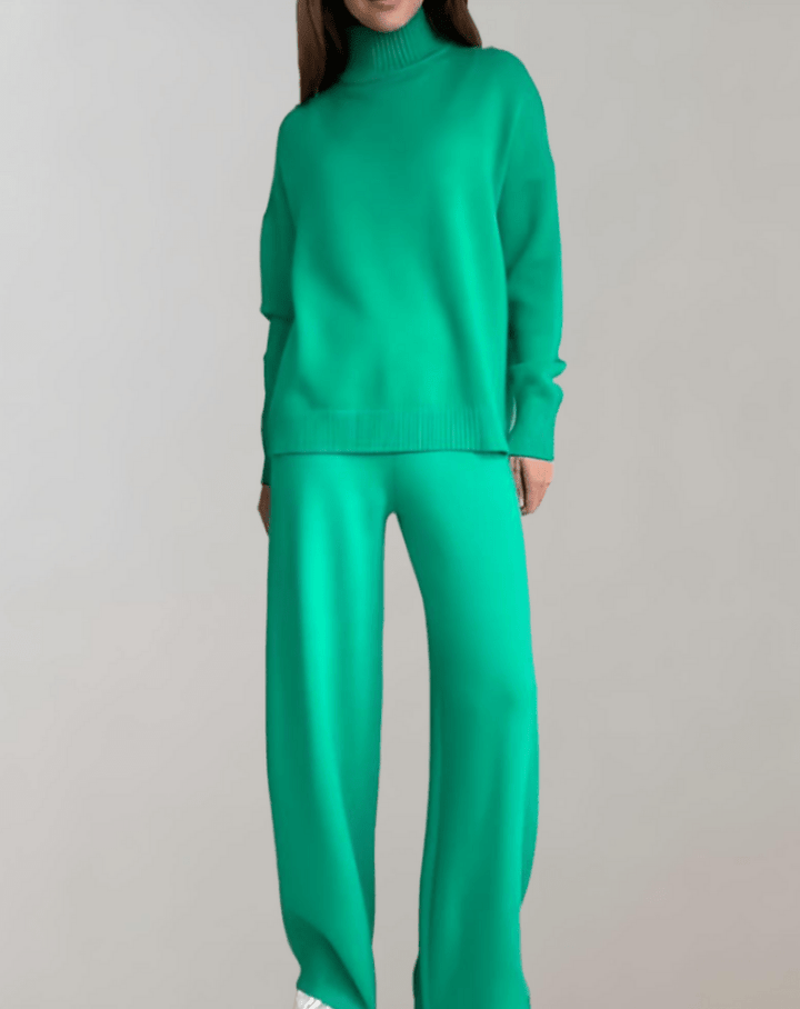 Rox | Dames Tweedelige Set | Gebreide Trui met Schildpadhals & Broek met Wijde Pijpen - Sorata