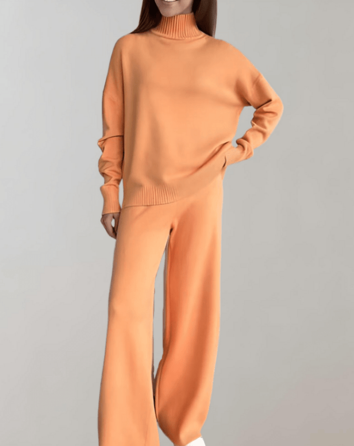 Rox | Dames Tweedelige Set | Gebreide Trui met Schildpadhals & Broek met Wijde Pijpen - Sorata