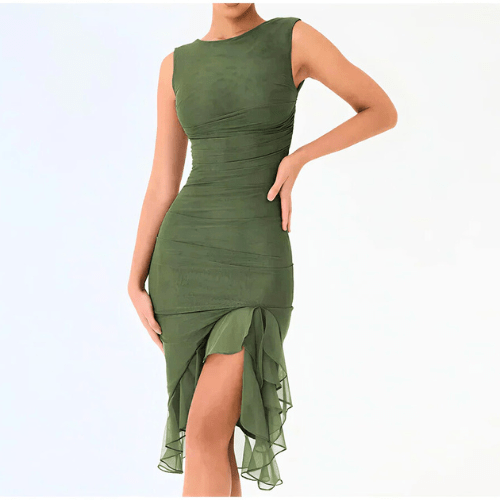 Sarah - Jurken Dames - Elegante Midi Jurk - met Ruches - Trendy & Casual - Sorata