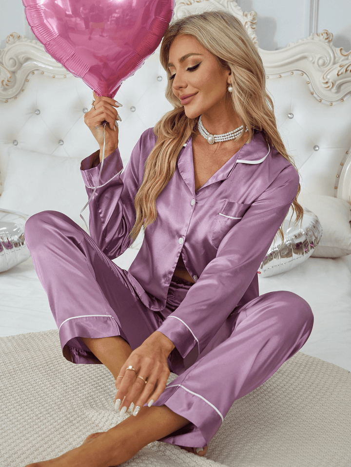 Selena | Button - Up Effen Satijnen Pyjamaset | Dames Slaapkleding - Sorata