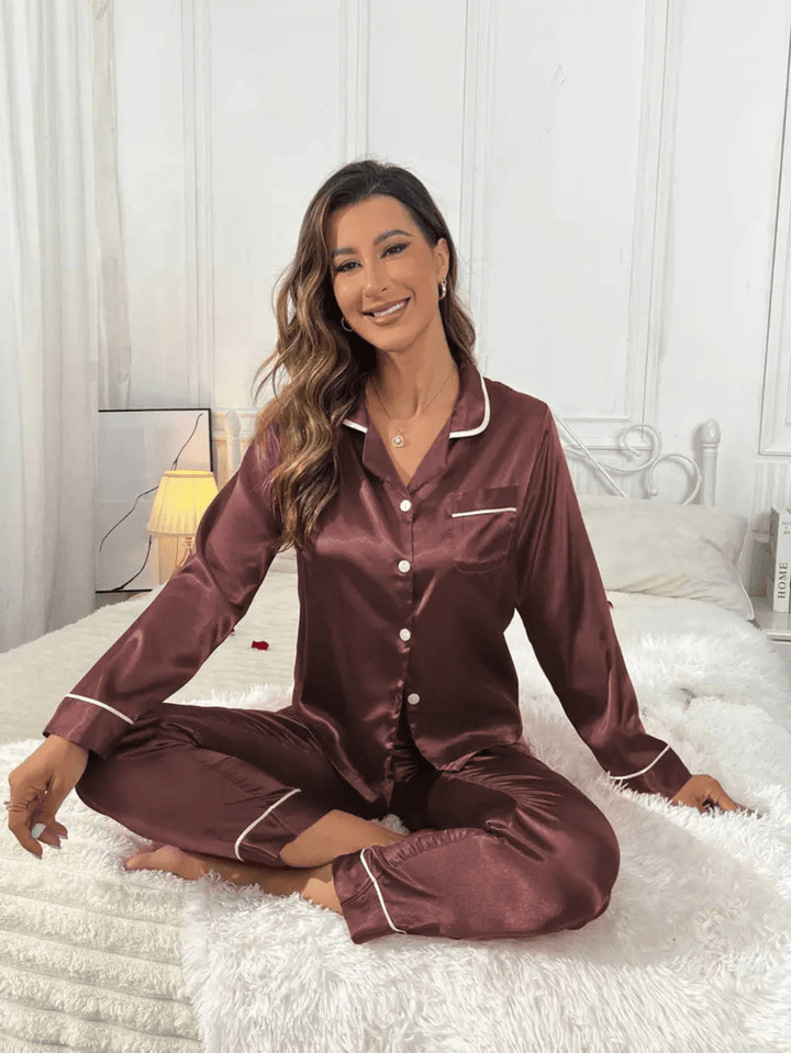 Selena | Button - Up Effen Satijnen Pyjamaset | Dames Slaapkleding - Sorata