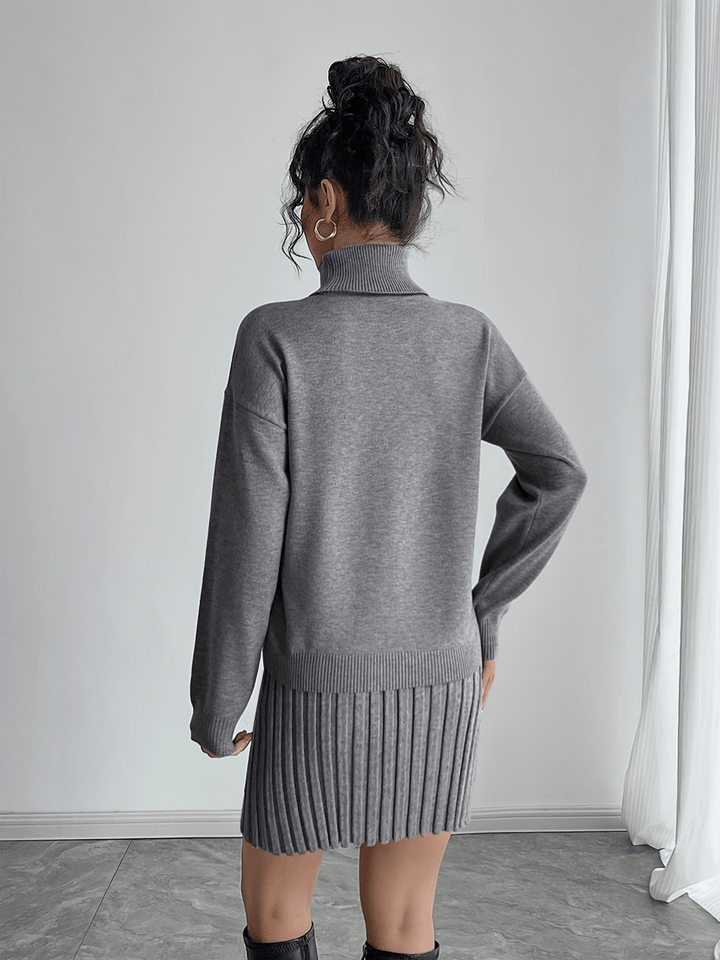 Selina | Elegante Tweedelige Gebreide Grijze Dames Set | Hoogkraag Hoodie en Halve Rok - Sorata